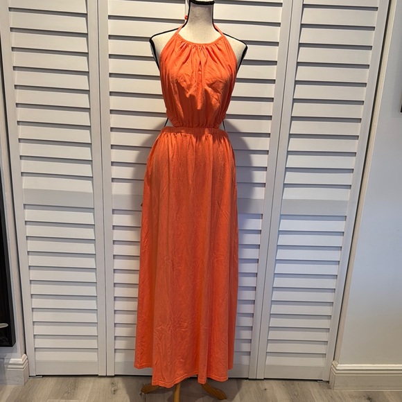 Monrow Orange Halter Cut out Sundress Maxi with Pockets.